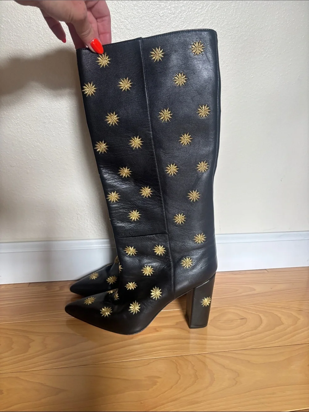 Stuart Weitzman Black Over-the-Knee Boots with Gold Star Studs